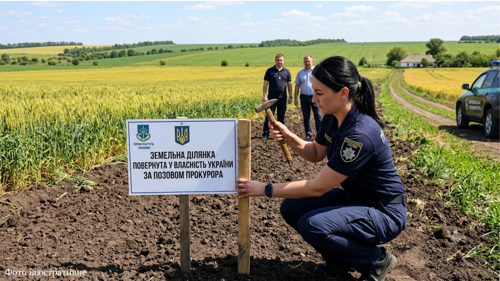 Фотографія поліцейська на полі встановлює табличку з написом